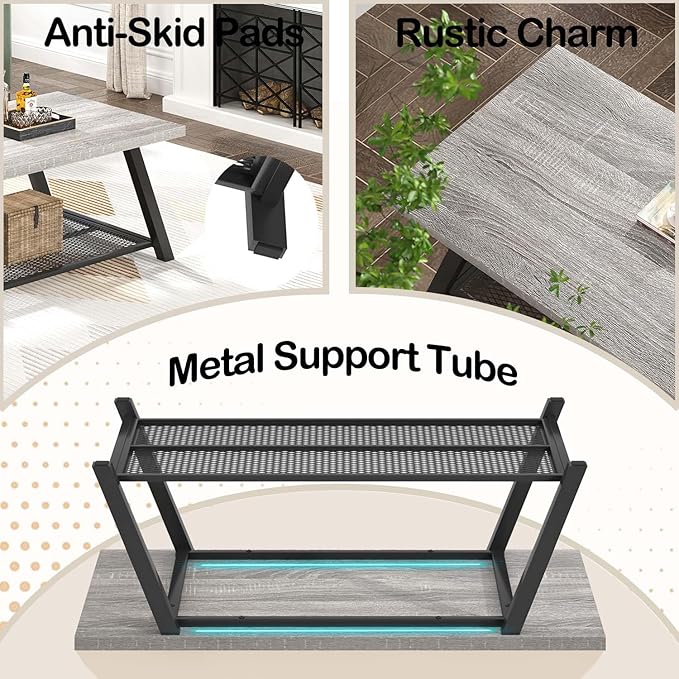 FOLUBAN Industrial Coffee Tables for Living Room with Storage, Rustic Wood and Metal Coffee Table, Modern Rectangle Center Cocktail Tea Table, Light Grey, 47 Inch