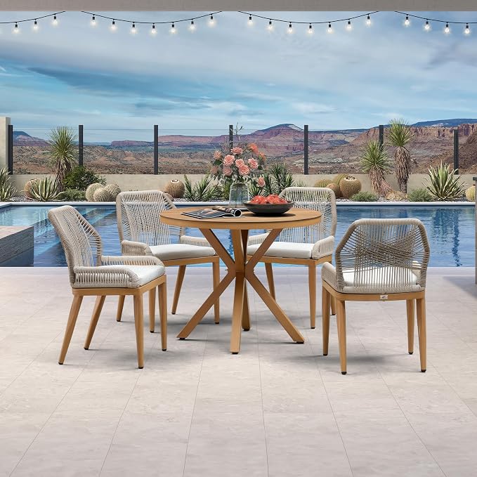 PURPLE LEAF 5 Pieces Round Dining Set Patio Aluminum Modern Round Table and Wicker Chairs with Cushions for Kitchen Porch Garden Outdoor Furniture Sets, Teak - Image 2