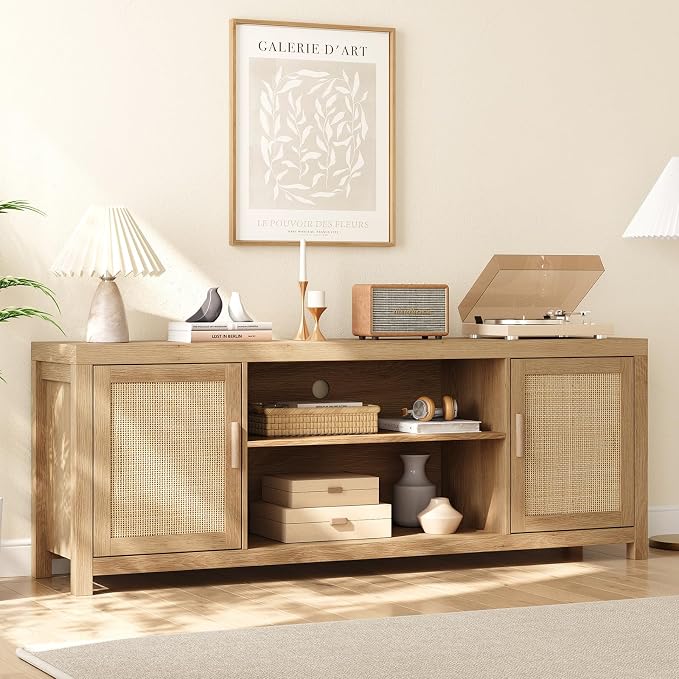 IDEALHOUSE Rattan TV Stand for 65 inch, Natural Oak Entertainment Center with Adjustable Shelves, Boho TV & Media Cabinet 2-Tier Storage for Living Room Bedroom - Image 3