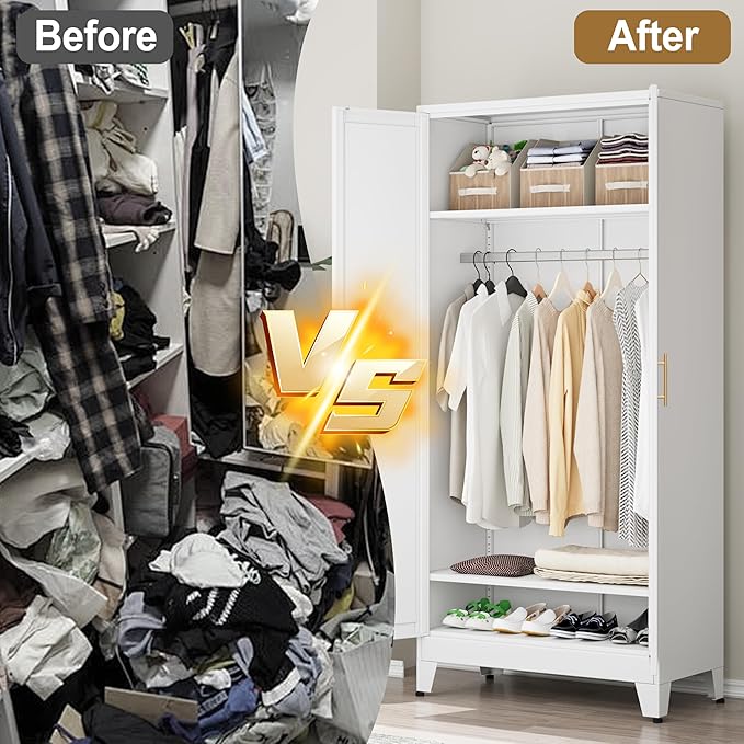 Metal Armoire Wardrobe Closet Storage Cabinet with 2 Doors White, 71'' Wardrobe Cabinet with Hanging Rod Metal Closet with 2 Adjustable Shelves for Bedroom, Laundry Room, Cloak Room