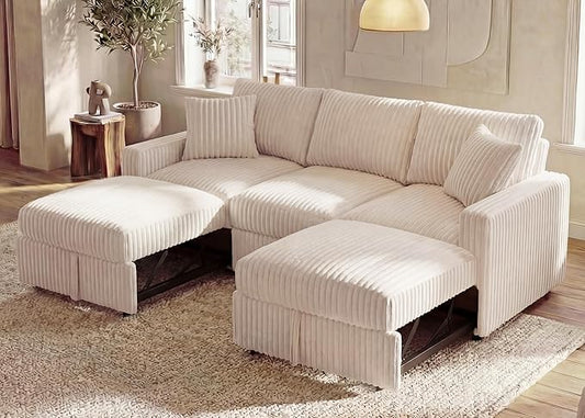 HONBAY 94.5 Inch Sectional Sofa, Modular L & U Shaped Pull Out Couch with Adjustable Backrest & Storage, Velvet White
