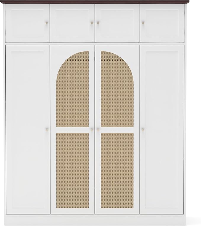 KEIKI Large 8 Doors Wood Wardrobe, Bedroom Tall Armoire Closet Organizer w/Rattan Decorative, Hanging Rails & Adjustable Shelves Clothes Storage Cabinet for Garage & Laundry Room, White