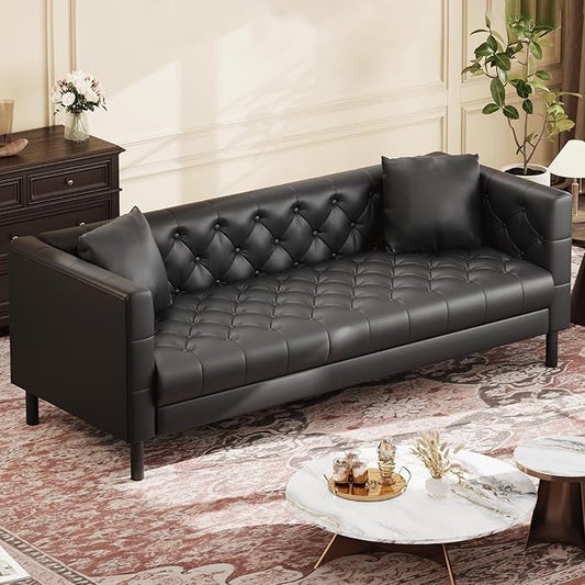 IDEALHOUSE 81" Mid Century Modern Leather Sofa, 3 Seater Chesterfield Couch with Button Tufted Back & Deep Seat, Upholstered Living Room Sofa for Apartment or Office, Black
