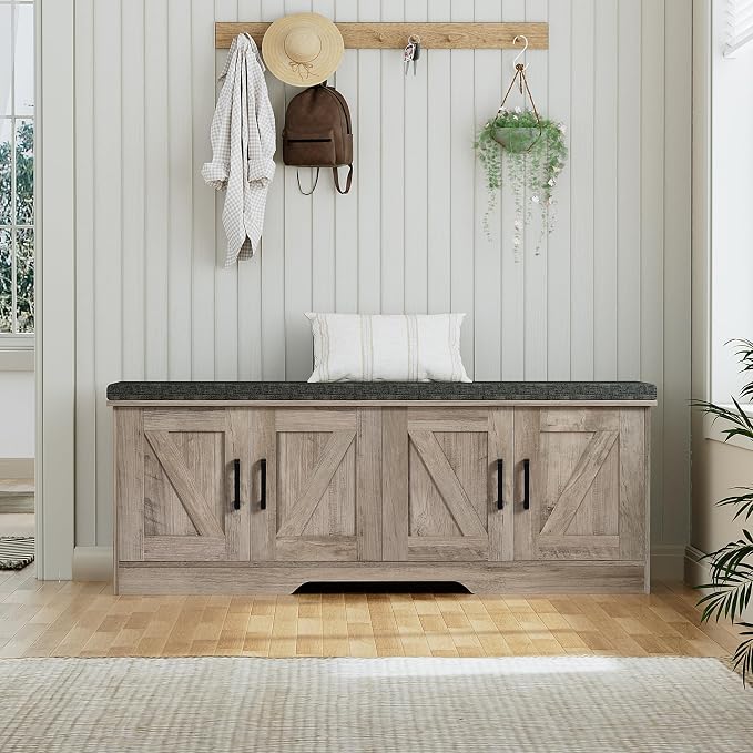 HOMSHO 2-Tier Storage Bench, 47.2" Wide Shoe Bench with Padded Seat Cushion, Entryway Bench with 4 Barn Doors and Adjustable Shelf, Greige - Image 5