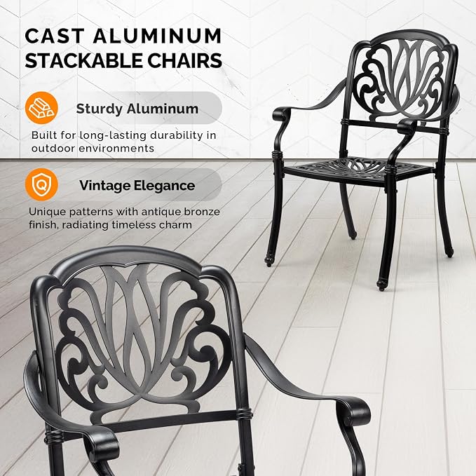 VINGLI Patio Chairs Set of 2 - Stackable Outdoor Cast Aluminum Dining Chairs with Vintage Black Finish and Floral Pattern, Metal Armchairs for Poolside, Backyard, Balcony (No Cushion) - Image 4