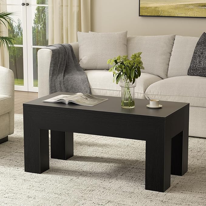 FABATO 41.7'' Lift Top Coffee Table, Wooden Rectangle Coffee Table with Hidden Storage, Large Center Table Adjustable Height Sofa Table for Living Room Office Apartment, Black