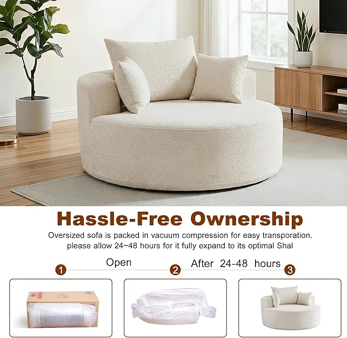 55'' Oversized Round Boneless Chaise Lounge Chair Indoor, Upholstered Corduroy Deep Seat Cloud Large Circle Sofa Couches Bed Corduroy Modern Floor No Assembly Sleeper Bed for Living Room, Bedroom