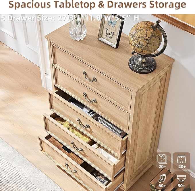 Joaxswe 24" Wide Farmhouse Nightstand with Charging Station Set of 2, 45" Tall Rustic Chests of 5 Drawers w/ 4 Solid Wood Feet, Farmhouse Furniture Series for Living Room,Bedroom,Wood
