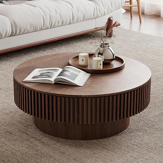 31.5'' Round Coffee Table with Storage, Modern Luxury Circle Drum Center Tables with Solid Wood Veneered, Accent Side Coffee Table for Living Room, Bedroom, Apartment-Walnut