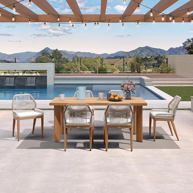 PURPLE LEAF 7 Pieces Patio Dining Set Aluminum Modern Rectangular Table and Wicker Chairs with Cushions for Kitchen Porch Garden Outdoor Furniture Sets, Teak - Image 2