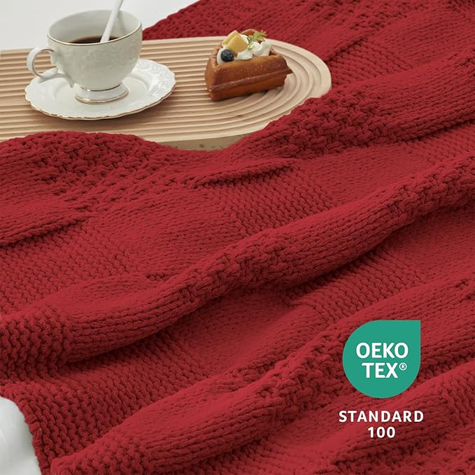 Amélie Home Knit Throw Blanket, Soft Chenille Cozy Breathable Checkered Chunky Decorative Blanket for Couch, Bed & Sofa, French-Inspired Lightweight Warm Gift for Women, Christmas Red, 50"x60"
