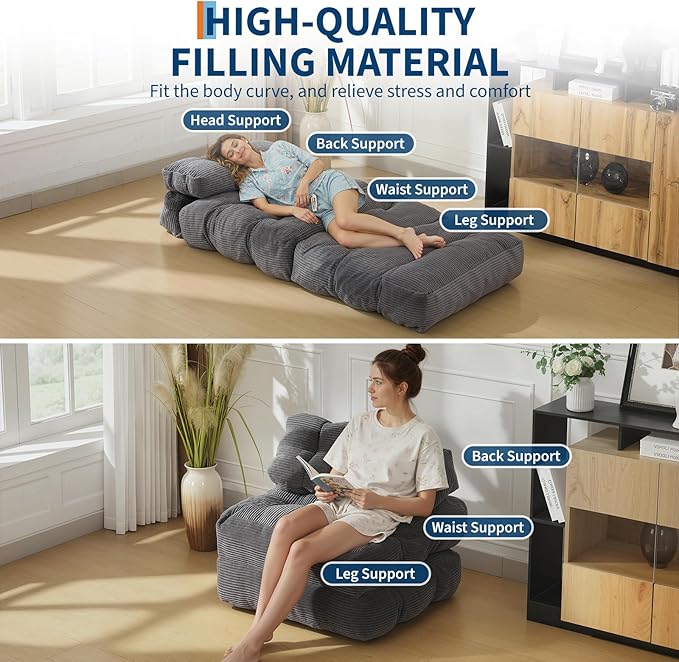 Folding Sofa Bed, Convertible Sleeper Chair with Pillow Foldable Matress with Back Support, Portable Fold Out Chair Bed Comfy Floor Sofa Lounge for Living Room Bedroom, Gray, Single