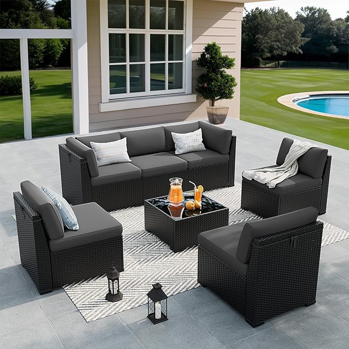 Patio Furniture Set, 7 Pieces Outdoor Sectional Sofa Set with Waterproof Cover, Black PE Wicker Rattan Slanted Back Outdoor Conversation Set with Cushions and Glass Coffee Table, Dark Grey