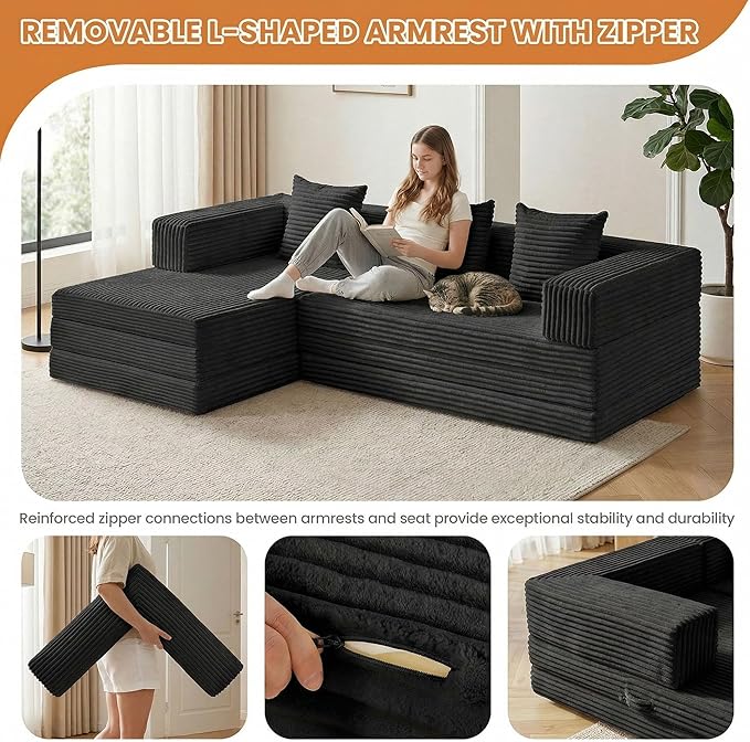 Modular Sectional Sofa, Boneless Convertible Oversized Sleeper Sofa Bed, Modern Tri-Folding Cloud Couch with L-Shape Chaise, Corduroy Futon Couches for Living Room Small Spaces Apartment,No Assembly