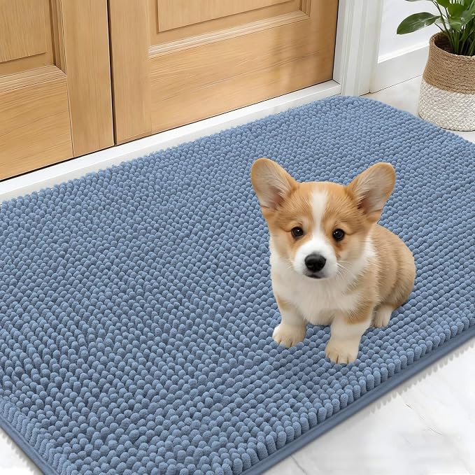 OLANLY Dog Door Mat for Muddy Paws 24x16, Absorbs Moisture and Dirt, Absorbent Non-Slip Washable Doormat, Quick Dry Chenille Mud Mat for Dogs, Entry Indoor Entryway Carpet for Inside Floor, Airy Blue by OLANLY