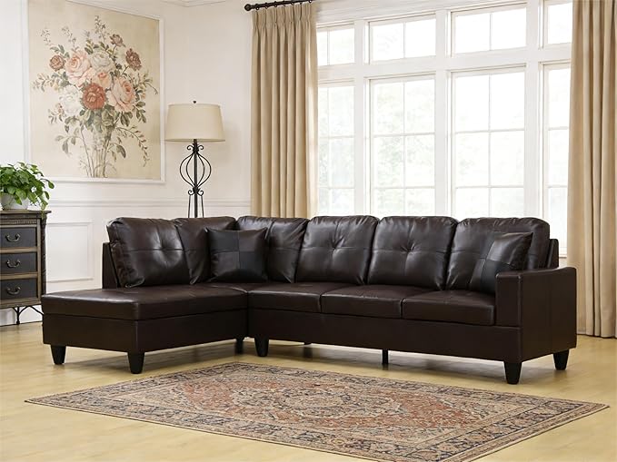 103.5 Inch Modern L-Shaped Couch, Faux Leather Sectional Sofa with Chaise Lounge, 4-Seater Couch with Accent Pillows for Living Room, Apartment, Brown