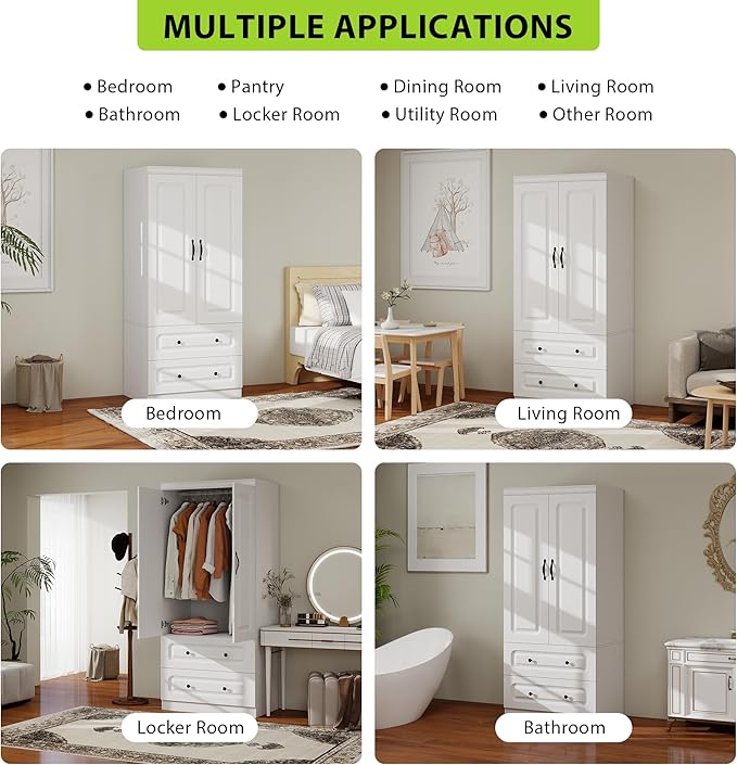 Armoire Wardrobe Closet: Wood White Bedroom Armoire Storage Cabinet for Large Capacity with 2 Doors, Tall Armoire and Wardrobe Closet with 2 Drawers & Hanging Rail
