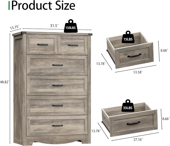 Dresser for Bedroom with 6 Drawers, 49" Tall Wood Chest of Drawers with Deep Drawers & Mental Handle, Modern Dresser TV Stand, Wooden Closet Storage Organizer for Living Room, Hallway, Entryway, Grey - Image 2