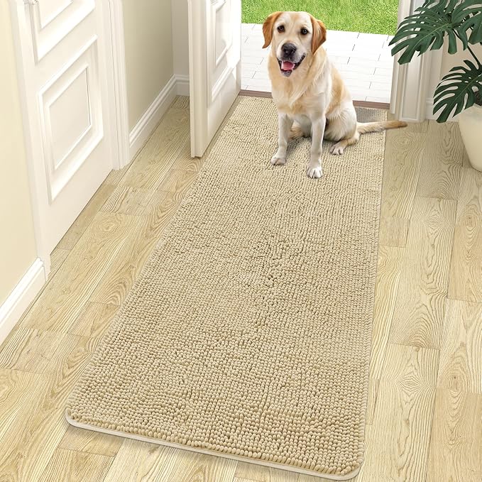 OLANLY Dog Door Mat for Muddy Paws 70x24, Absorbs Moisture and Dirt, Absorbent Non-Slip Washable Doormat, Quick Dry Chenille Mud Mat for Dogs, Entry Indoor Entryway Carpet for Inside Floor, Beige by OLANLY