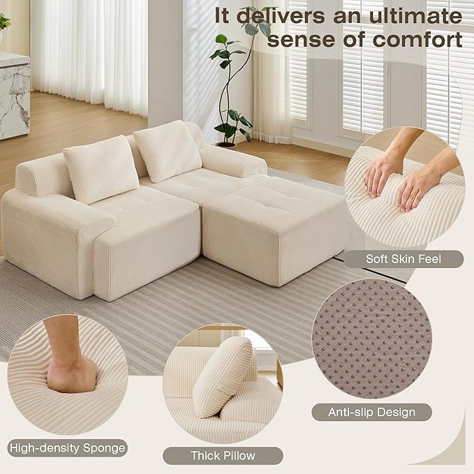 Modular Sectional Sofa, Boneless Couches for Living Room, Corduroy Couch, Big Comfy Couch, Modular Cloud Sofa with Deep Seat (White, 3 Pieces-L Shape)