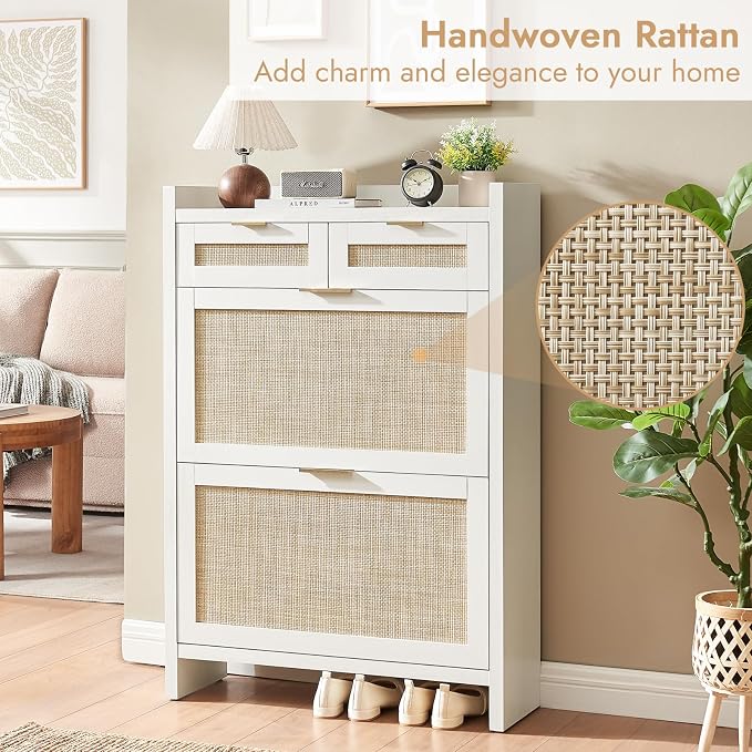 HOKYHOKY Rattan Shoe Storage Cabinet with 2 Drawers & 2 Flip Drawers – Hidden Slim Shoe Organizer for Entryway, Large Tabletop Space, Farmhouse Boho Narrow Shoe Rack, Rustic White - Image 3