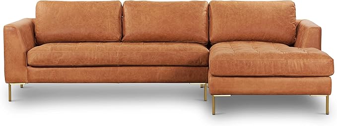 Poly & BARK Calle Right-Facing Sectional in Full-Grain Pure-Aniline Italian Tanned Leather in Cognac Tan and Brass Legs