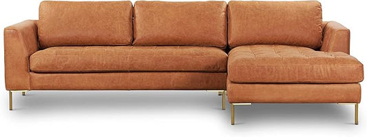 Poly & BARK Calle Right-Facing Sectional in Full-Grain Pure-Aniline Italian Tanned Leather in Cognac Tan and Brass Legs