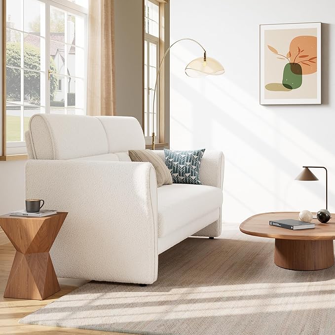 IDEALHOUSE Couches for Living Room, 57" Loveseat Sofa, Modern Boucle Small Couch with High Backrest and Removable Lumbar Pillows, Easy Assembly, Upholstered Comfy Sofa for Bedroom Office, Ivory