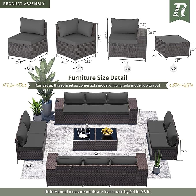 12 PCS Outdoor Patio Furniture Set,Outdoor Sectional Furniture All Weather PE Rattan Wicker Patio Conversation Set with 2 Coffee Tables and 10 Thickened Cushions,Grey
