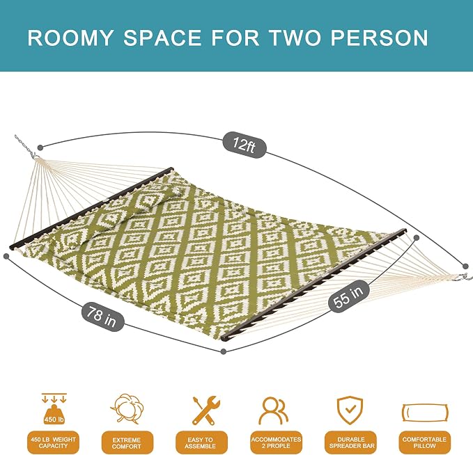 Lazy Daze Hammocks 12FT Quilted Fabric Hammock with Soft Pillow, Double 2 Person Tree Hammock with Spreader Bar for Outside Patio Poolside Backyard Beach, 450 lbs Capacity, Green Geometric - Image 6