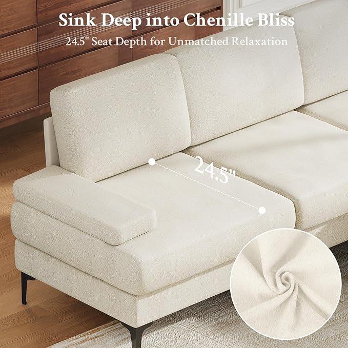 Sectional Couches for Living Room, 96" Chenille Modern L Shaped Couch with Ottoman, Deep 4 Seater Sofas for Living Room, Sectional Sofa for Bedroom, Office, Apartment, Pearl White