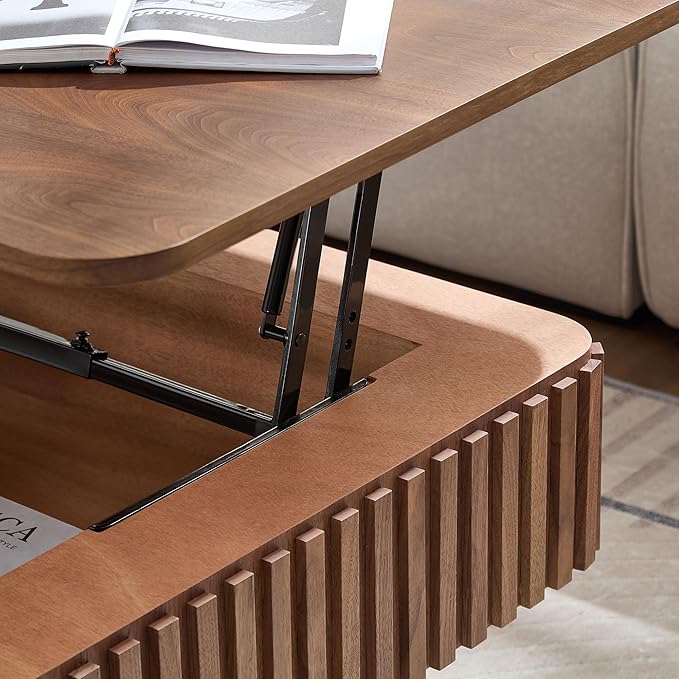 WILLIAMSPACE 35.43" Lift Top Coffee Table with Hidden Storage & Sturdy Base, Modern Luxury Square Wood Handcraft Drum Center Table Accent End Tea Table for Living Room, Minimalist Fluted Design-Walnut