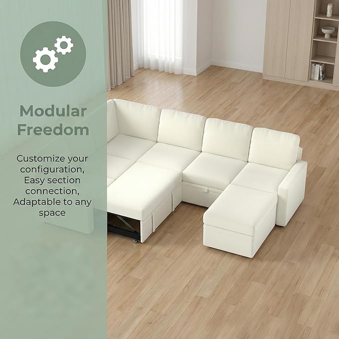 7-Seater Large Sectional Couch with Pull Out Bed, L Shaped Chenille Sofa with Storage, Convertible Modular Sofa, for Living Room, Apartment, Beige