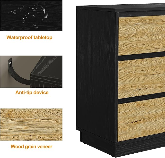 RoyalCraft Nightstand with 3 Drawers Storage, 23.6" Modern Night Stand for Bedroom, Large Bedside Table, End Table for Closet, Black and Wood - Image 4