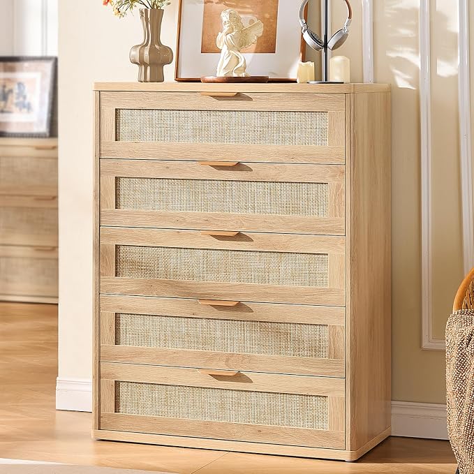 LEYAOYAO Rattan Dresser for Bedroom Set 2, 41" Tall Chest of Drawers, Modern 5 Drawers Boho Dressers with Storage, Light Oak Dresser Wooden Closet Organizer for Living Room, Hallway, Natural Wood - Image 2