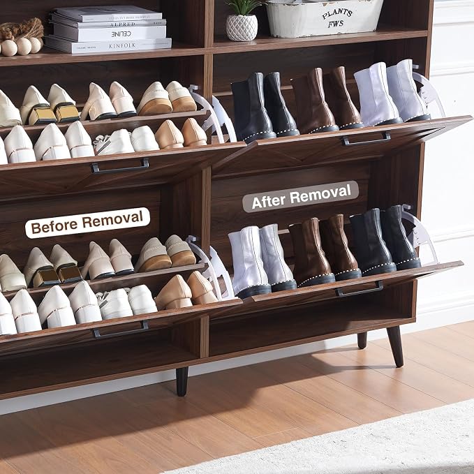 Barnyatoh Shoe Storage Cabinet,Farmhouse Shoe Organizer with 4 Flip Drawers & Barn Door Design,Freestanding Hidden Slim Narrow Shoe Rack Cabinet with Open Shelves for Entryway,Foyer,Hallway,Walnut - Image 5