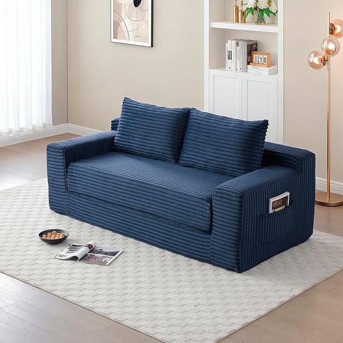 Convertible Sofa Bed, 2 in 1 Memory Foam Futon Couch, No Assembly Corduroy Foldable Sofa Bed, Comfy Floor Couch with 2 Pillows for Bedroom, Living Room, Apartment, Blue