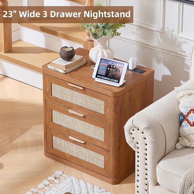 LEYAOYAO Rattan Night Stand with Charger Station, 23" Large 3 Drawer Boho Nightstand, Tea Brown Bedside Table Storage Cabinet, Bed Side End Tables for Bedroom, Living Room, Hallway - Image 8