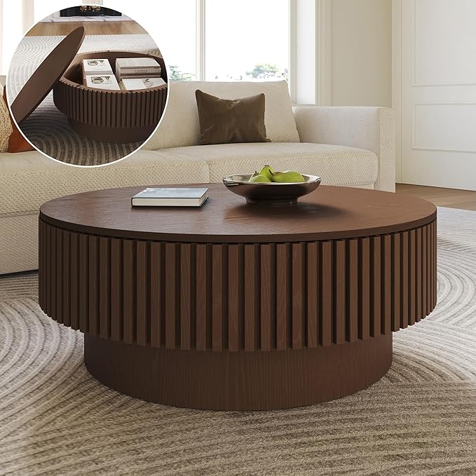 Round Coffee Table with Storage, Modern Fluted Wood Coffee Tables with Sturdy Base, 31.5" Drum Circle Center Tea Table for Living Room Apartment, Easy Assemble - Walnut