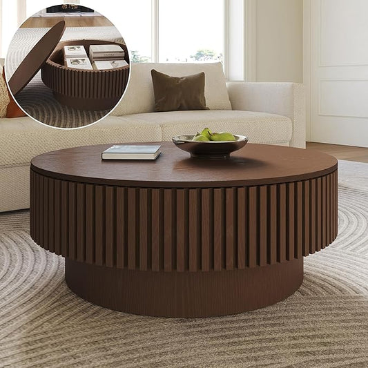 Round Coffee Table with Storage, Modern Fluted Wood Coffee Tables with Sturdy Base, 31.5" Drum Circle Center Tea Table for Living Room Apartment, Easy Assemble - Walnut