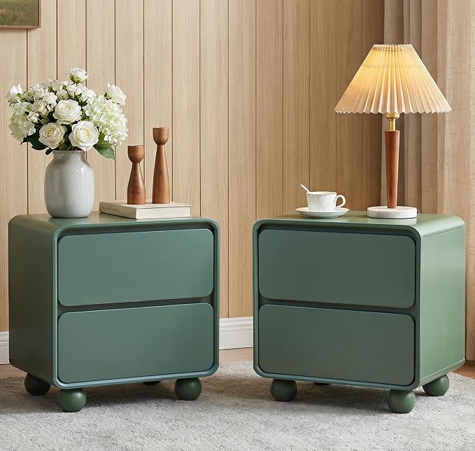 Small Night Stand Set of 2, Mid Century Modern Nightstands with 2 Drawers and Solid Wood Legs, 2 Drawer Dresser Curved Profile Design End Table Side Table for Small Space, Dorm, Bedroom(Green) by AVZEAR