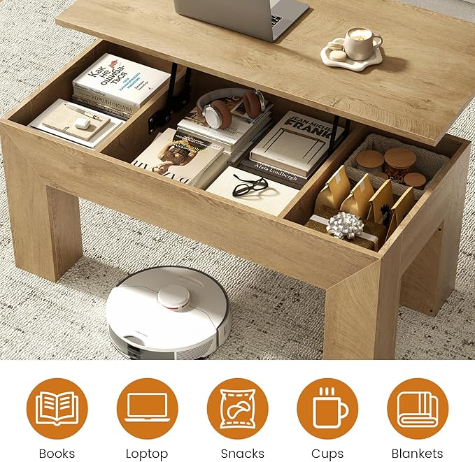 FABATO 41.7'' Lift Top Coffee Table, Wooden Rectangle Coffee Table with Hidden Storage, Large Center Table Adjustable Height Sofa Table for Living Room Office Apartment, Wood