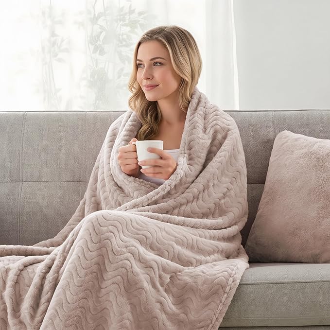 Exclusivo Mezcla Fleece Throw Blanket for Couch, Cozy Lightweight Blankets for All Season, Decorative Giftable Fuzzy Plush Wave Textured Throws for Women, Men, Camel, 50x70 Inches