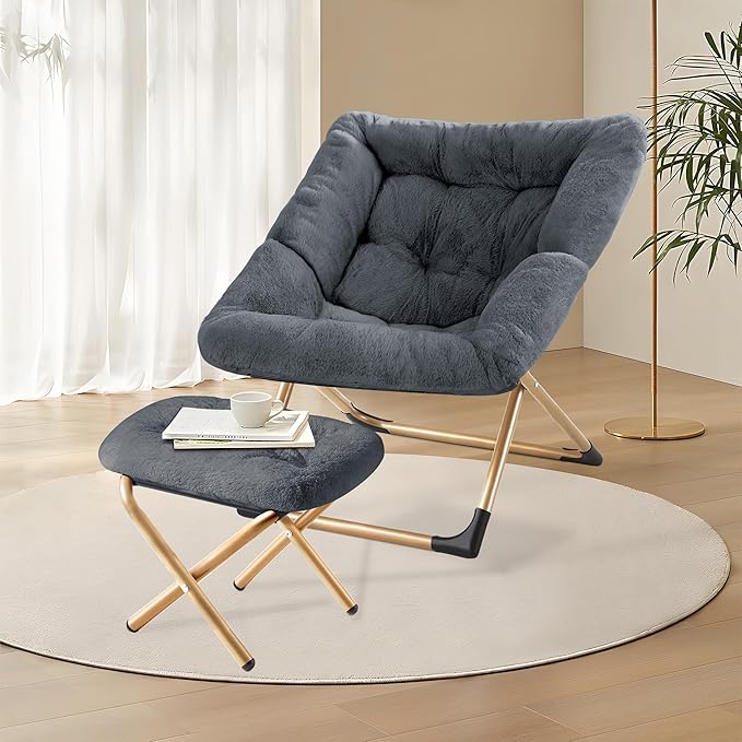 Youtanic Comfy Oversized Saucer Chair with Ottoman,Soft Faux Fur Reading Lounge Chair for Adults,Stable X-Large Metal Frame and Non-Slip Pad,Cozy Chair for Bedroom, Living Room, Dorm, Dark Gray