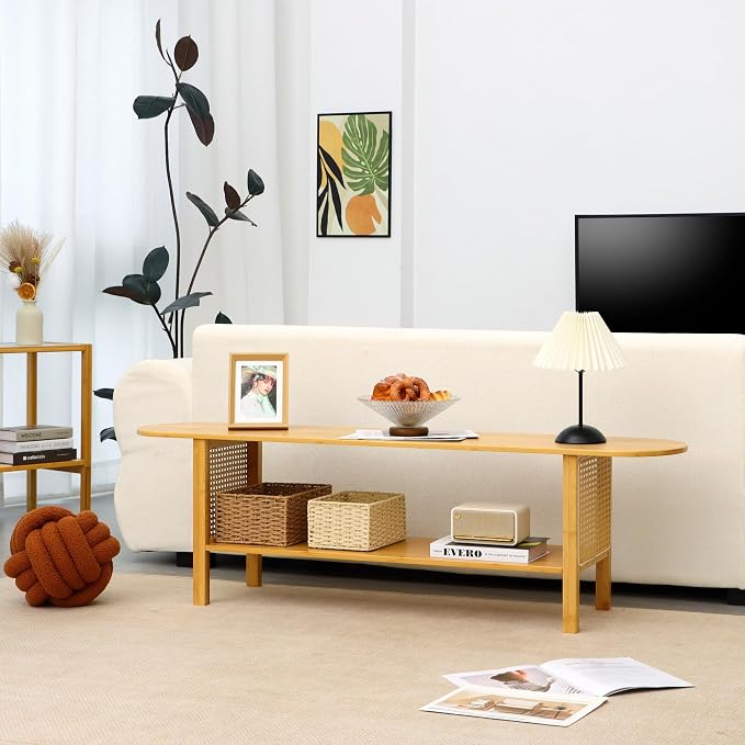 Bamboo TV Stand for TVs up to 65", Accent Entertainment Center with Storage, Media Console Table with Rattan, Modern TV Stand for Living Room, Bedroom, 55"(L), Burlywood - Image 5
