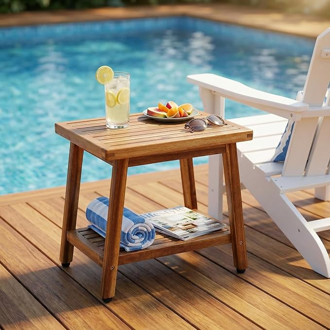 ENKEZI Small Acacia 16 Inches Outdoor Side Table, 2-Tier Sturdy Patio, End Table Weather Resistant, Strong Stability Side Table for Patio, Pool, Porch, Teak Finish (Small) - Image 2