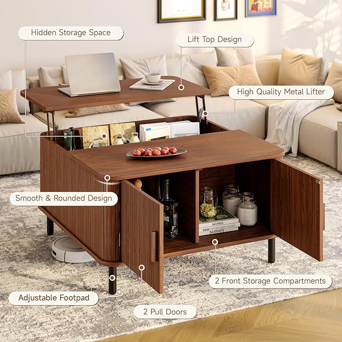 ONBRILL Lift Top Coffee Table with Large Hidden Compartment, Wood Square Coffee Table with Adjustable Footpads, Mid-Century Modern Lift Tabletop Dining Table for Living Room, Home Office, Walnut