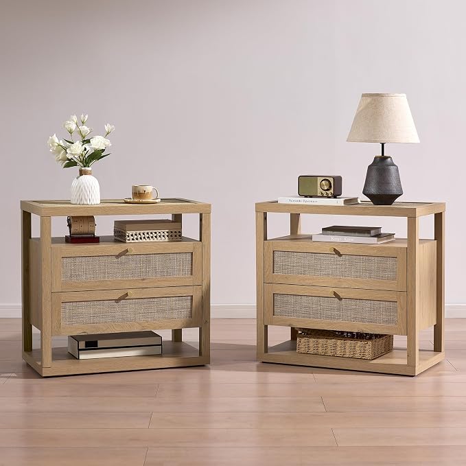 VividVibe Natural Oak Night Stand Set 2, Nightstand with Drawers and Storage Shelf - Rattan Boho Bedside Tables Large Nightstands Wooden Bed Side Table, Modern Farmhouse Accent Rustic End Table - Image 2
