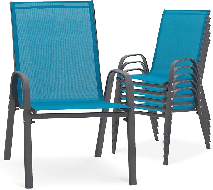 Outdoor Stackable Chairs Set of 6, Stacking Patio Chairs with Textilene Fabric, Outside Furniture for Garden Backyard Balconie Poolside Deck, Blue by Villeston