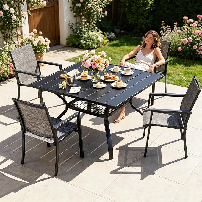 MEOOEM Modern 5 Piece Outdoor Patio Dining Set for 4, Square Patio Table Set with ArmChairs Highback 350LBS, Sturdy Durable Powder-Coated 4 Person Outdoo Dining Set for Outside, Garden, Gray - Image 2